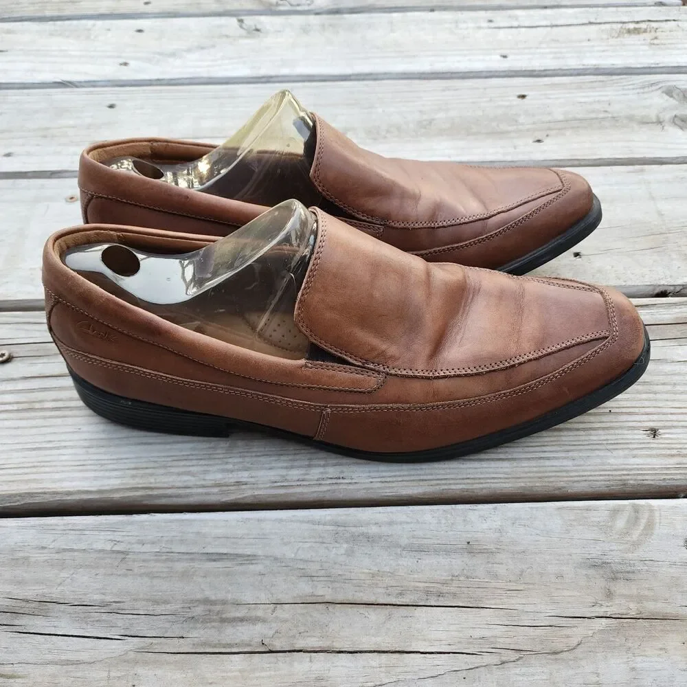 Clarks Collection Shoes Men Sz 12M Brown Leather Slip On Dress Soft Cushion